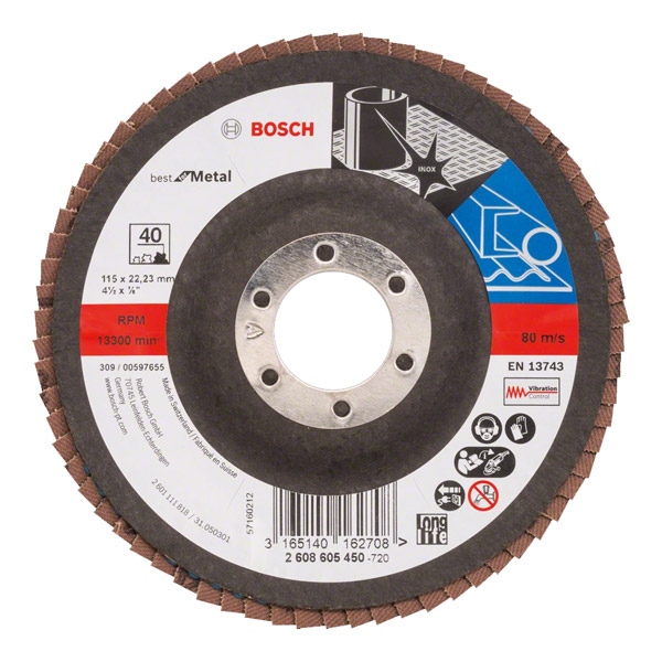 Bosch X571 Flap Disc for Metal (115mm x 22.23mm, 40G) 2608605450